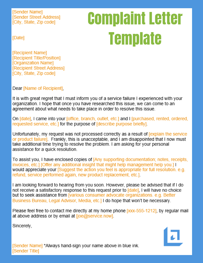 Complaint letter to service provider